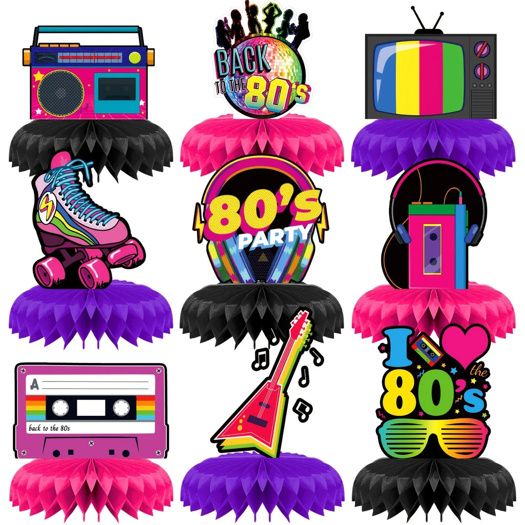 80s Themed Honeycomb Centerpieces, "Back to the 80s" Retro Party Table Decor with Boombox, Roller Skate and Cassette Tape Design