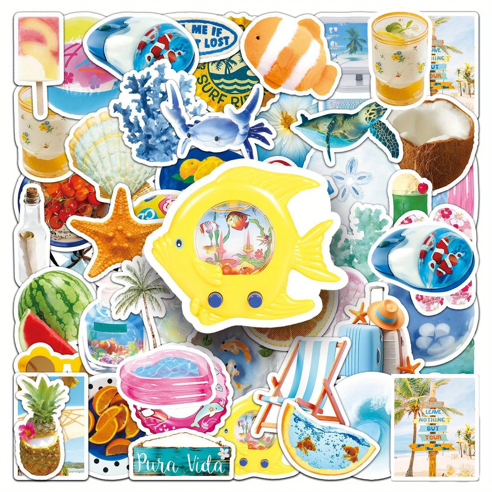 Pack 50 Stickers Retro Playa y Surf - Calcomanías Decorativas