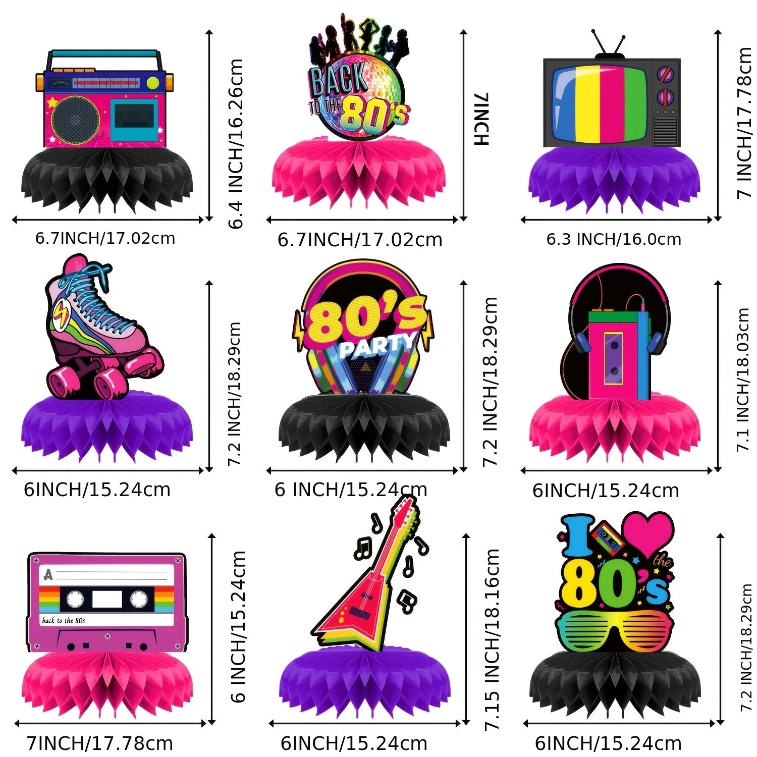 80s Themed Honeycomb Centerpieces, "Back to the 80s" Retro Party Table Decor with Boombox, Roller Skate and Cassette Tape Design