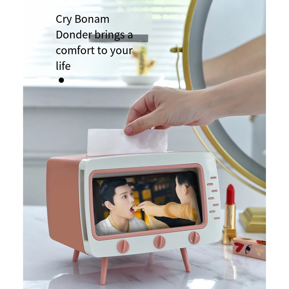 New TV Tissue Box Fun Cute Multi Functional Square Tissue Box Smartphone Phone Holder  for Living Room Night Stand Creative Gift