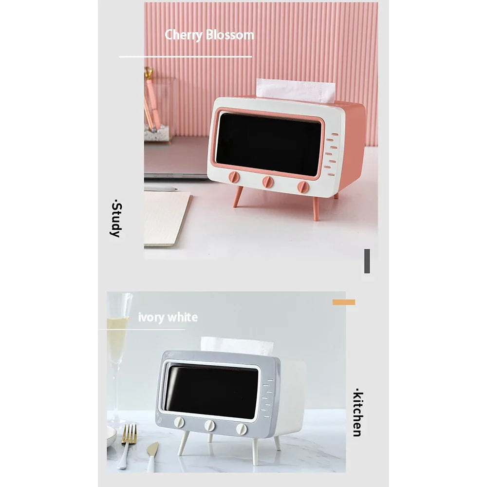 New TV Tissue Box Fun Cute Multi Functional Square Tissue Box Smartphone Phone Holder  for Living Room Night Stand Creative Gift