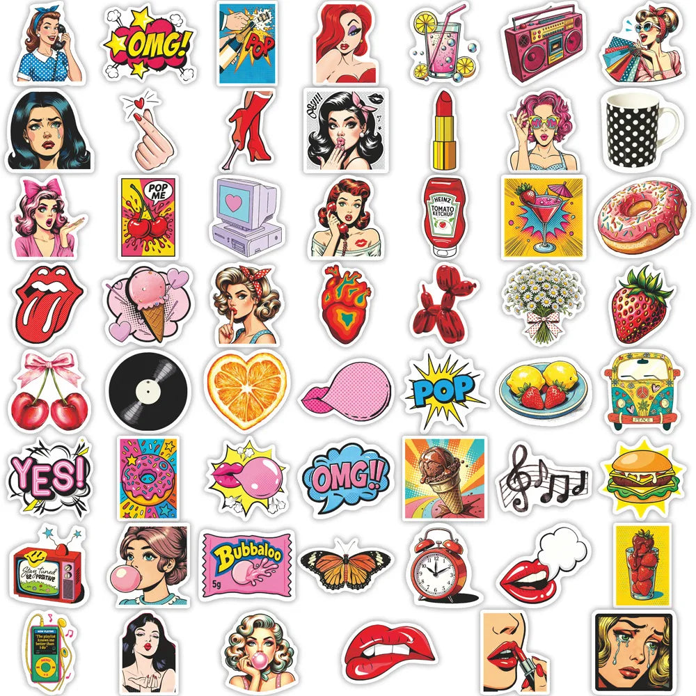 50Pcs 50PCS Retro 80s Woman Stickers  Decals For Phone Laptop Suitcase Notebook Skateboard Waterproof Stickers