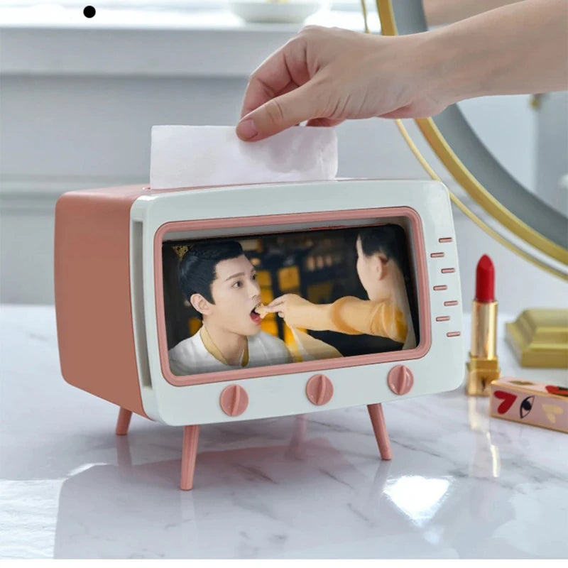 New TV Tissue Box Fun Cute Multi Functional Square Tissue Box Smartphone Phone Holder  for Living Room Night Stand Creative Gift