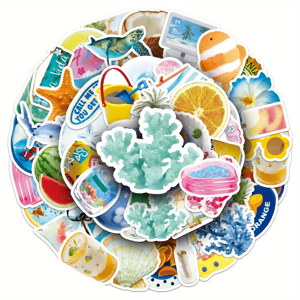 Pack 50 Stickers Retro Playa y Surf - Calcomanías Decorativas