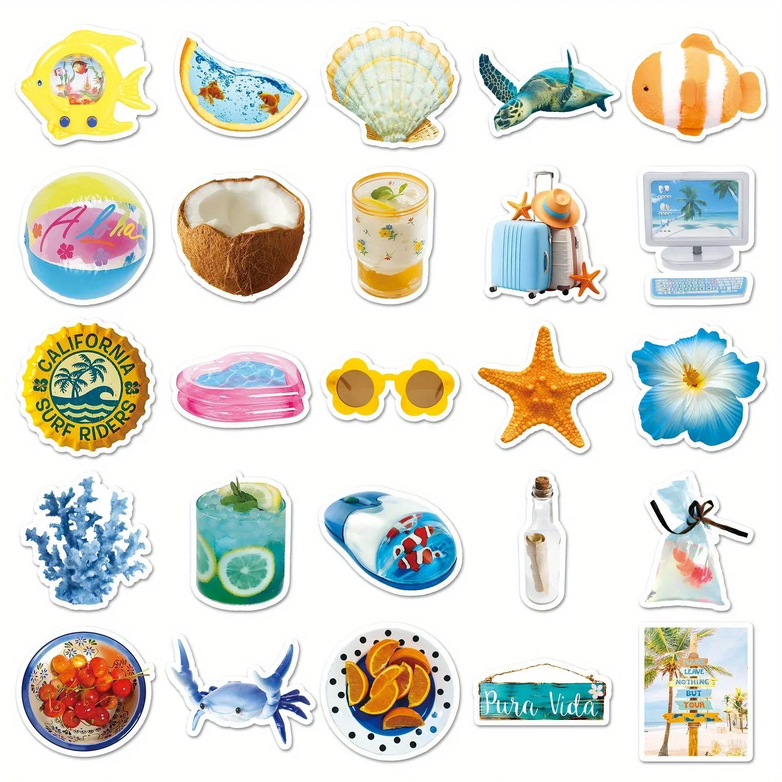 Pack 50 Stickers Retro Playa y Surf - Calcomanías Decorativas