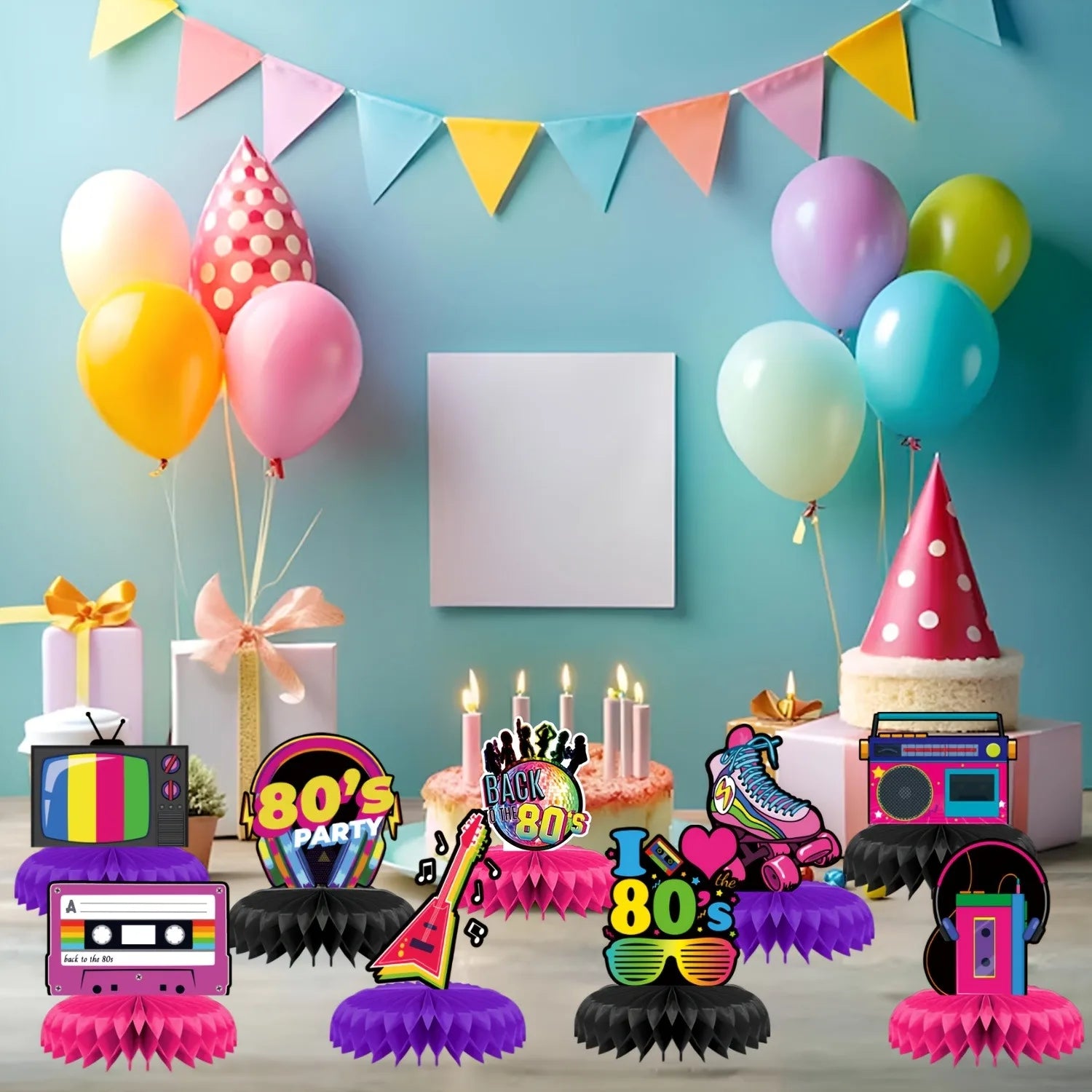 80s Themed Honeycomb Centerpieces, "Back to the 80s" Retro Party Table Decor with Boombox, Roller Skate and Cassette Tape Design
