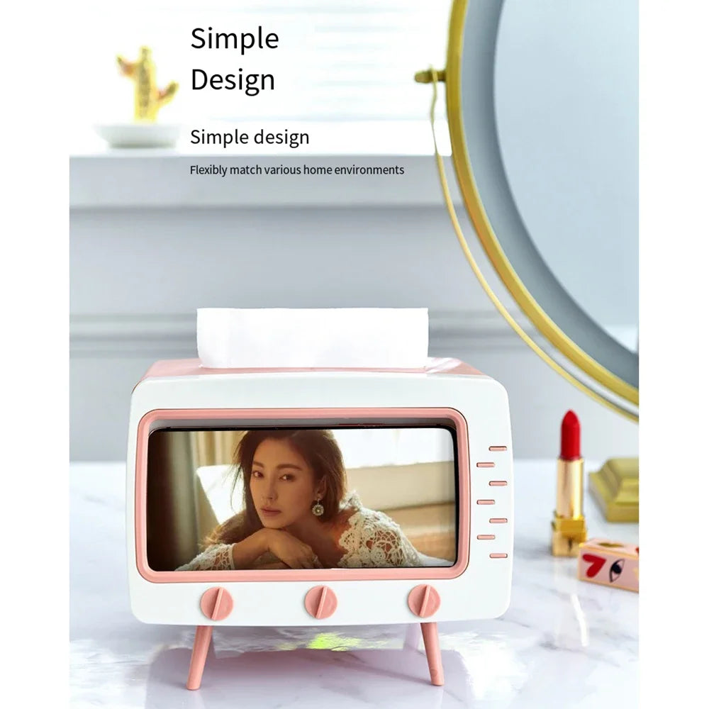 New TV Tissue Box Fun Cute Multi Functional Square Tissue Box Smartphone Phone Holder  for Living Room Night Stand Creative Gift