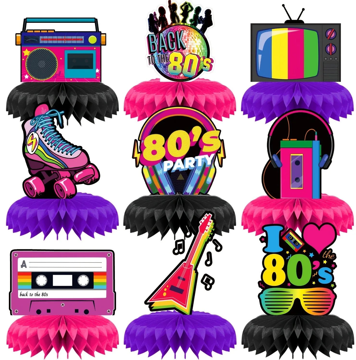 80s Themed Honeycomb Centerpieces, "Back to the 80s" Retro Party Table Decor with Boombox, Roller Skate and Cassette Tape Design